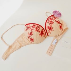 La Perla Bra in Natural Mesh w/ Red Floral Trim